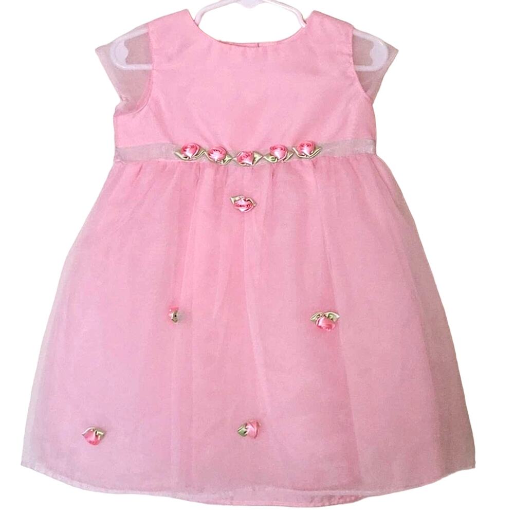 La Princess Sheer Pink Infant Girl Dress w/ Pink‎ Rosettes 24 Months